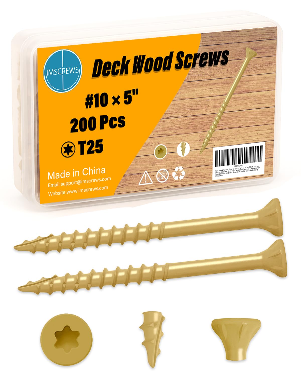 IMSCREWS 5 Inch Deck Screws, #10 Exterior Wood Screws (200 Pcs) with Storage Box, Tan Epoxy Coated Carbon Steel, T25 Star Drive, Coarse Thread, Rust Resistant for Outdoor Use (Bit Not Included)