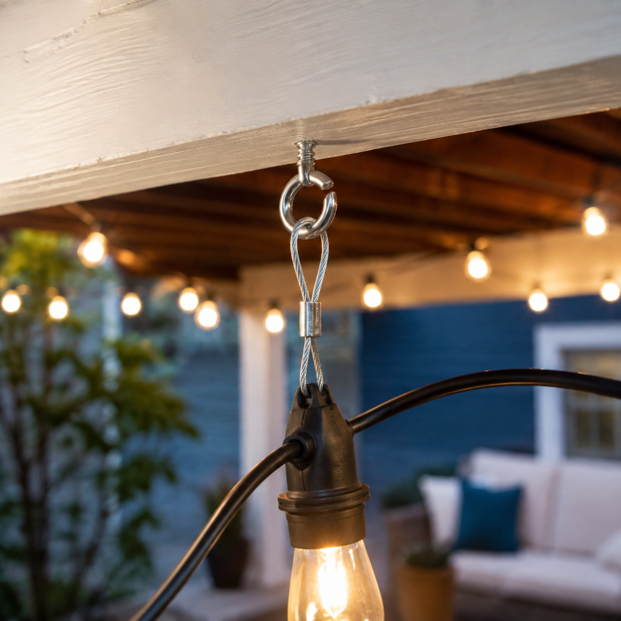 Stainless steel screw eye supporting outdoor string lights