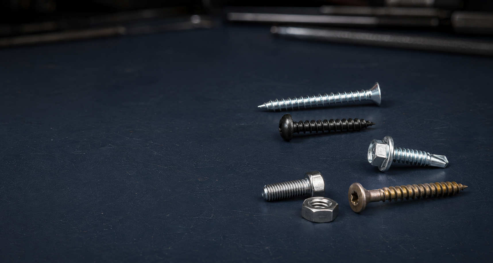 Professional selection of wood, sheet metal, self-drilling, machine and deck screws on a workshop bench