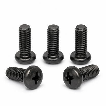 Five representative M3-0.5 x 8mm natural black Phillips pan head machine screws