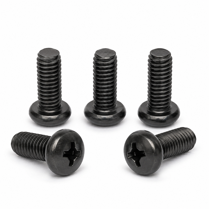 Five representative M3-0.5 x 8mm natural black Phillips pan head machine screws