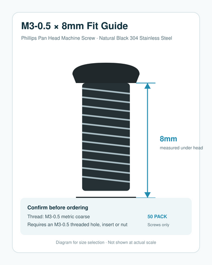 M3-0.5 x 8mm machine screw dimensions and fit guide