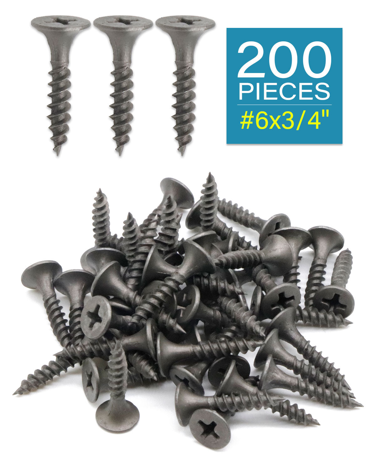 IMScrews 200pcs #6x3/4" Flat Head Phillips Drywall Screws Fine Thread Sharp Point Wood Screw, Carbon Steel 1022A, Gray Phosphate