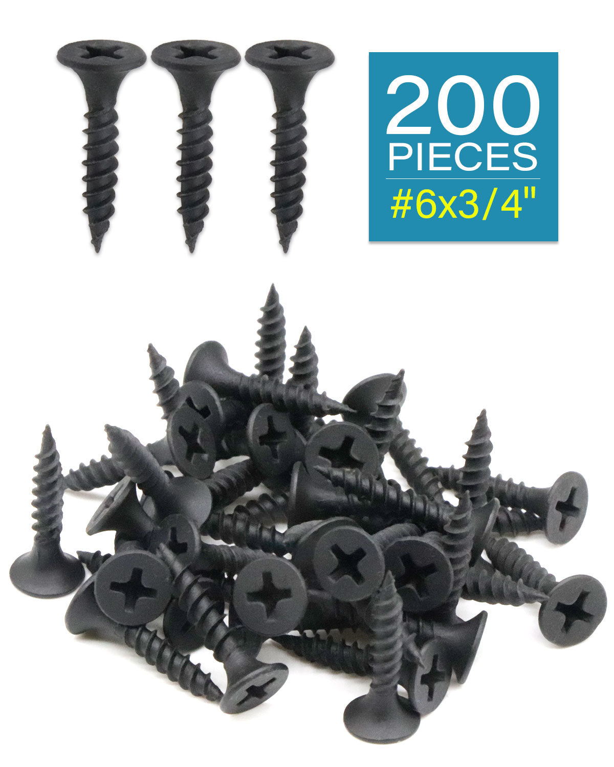 IMScrews 200pcs #6 x 3/4" Flat Head Phillips Drywall Screws Fine Thread Sharp Point Wood Screw, Carbon Steel 1022A, Black Phosphate
