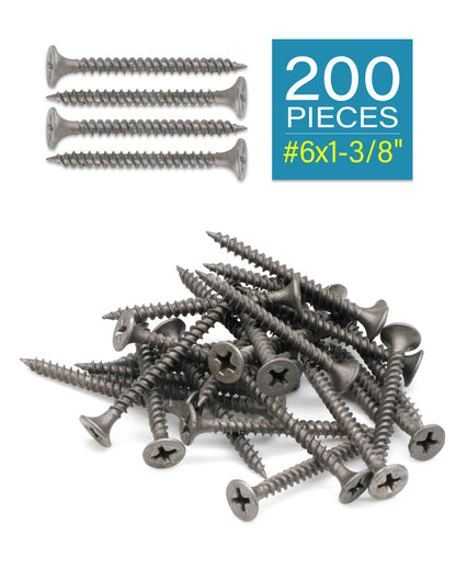 Drywall Screws, 6 x 1-3/8 Inch Phillips Flat Head Wood Screws with Fine Thread Grey Phosphate 200pcs, Self-Tapping Carbon Steel Interior Screws for Timber MDF Sheetrock by IMSCREWS