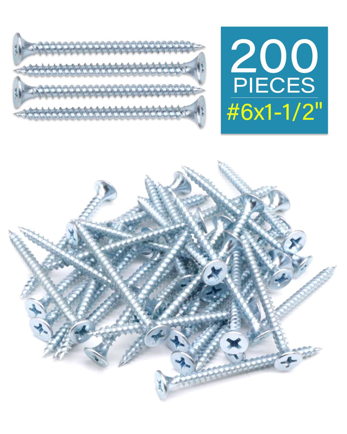 IMScrews 200pcs #6x1-1/2" Flat Head Phillips Drywall Screws Fine Thread Sharp Point Wood Screw Assortment Kit, Carbon Steel 1022A, Zinc Coated