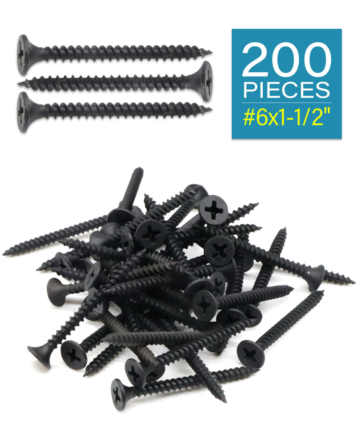 IMScrews 200pcs #6x1-1/2" Flat Head Phillips Drywall Screws Fine Thread Sharp Point Wood Screw, Carbon Steel 1022A, Black Phosphate