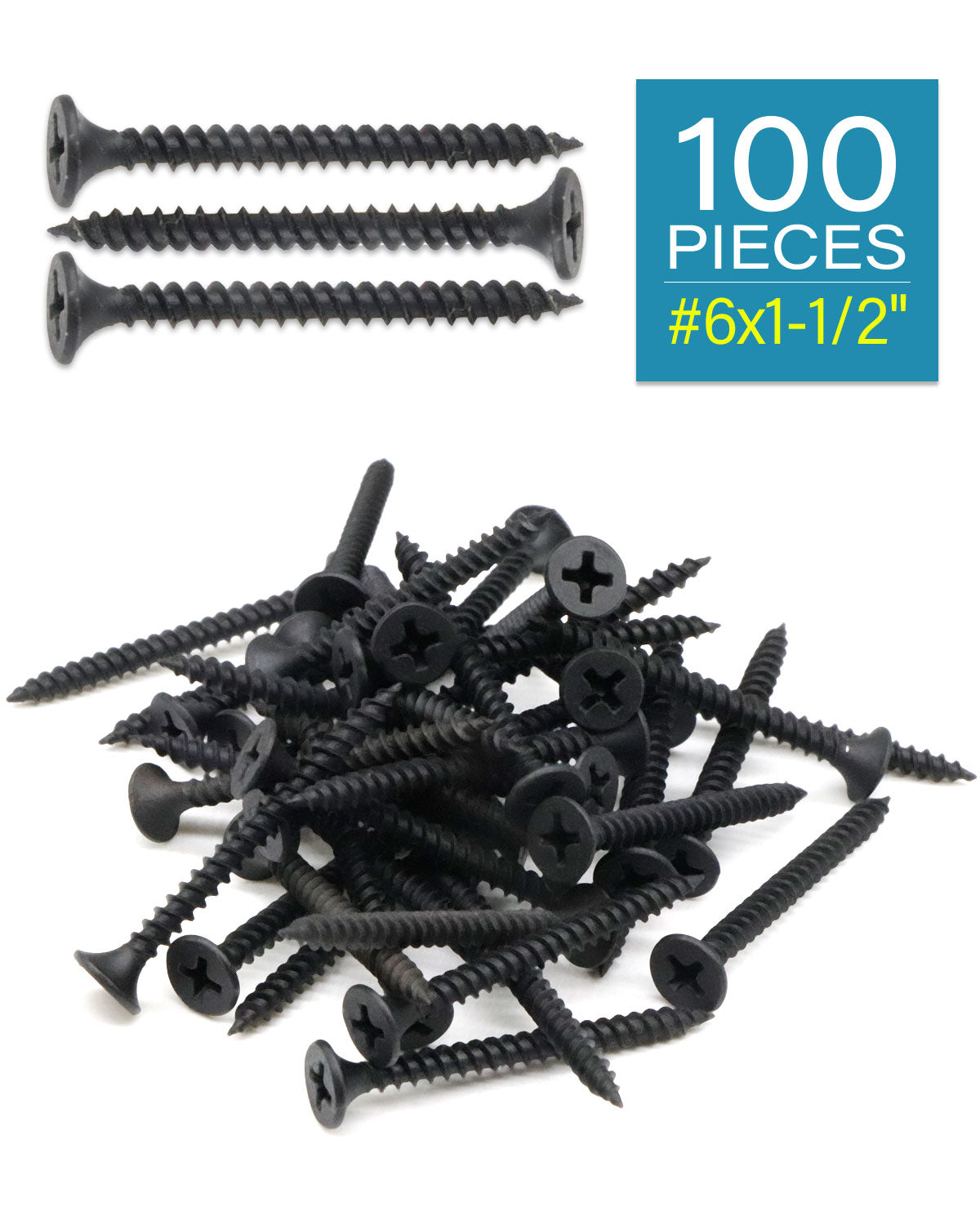 IMScrews 100pcs #6x1-1/2" Flat Head Phillips Drywall Screws Fine Thread Sharp Point Wood Screw, Carbon Steel 1022A, Black Phosphate