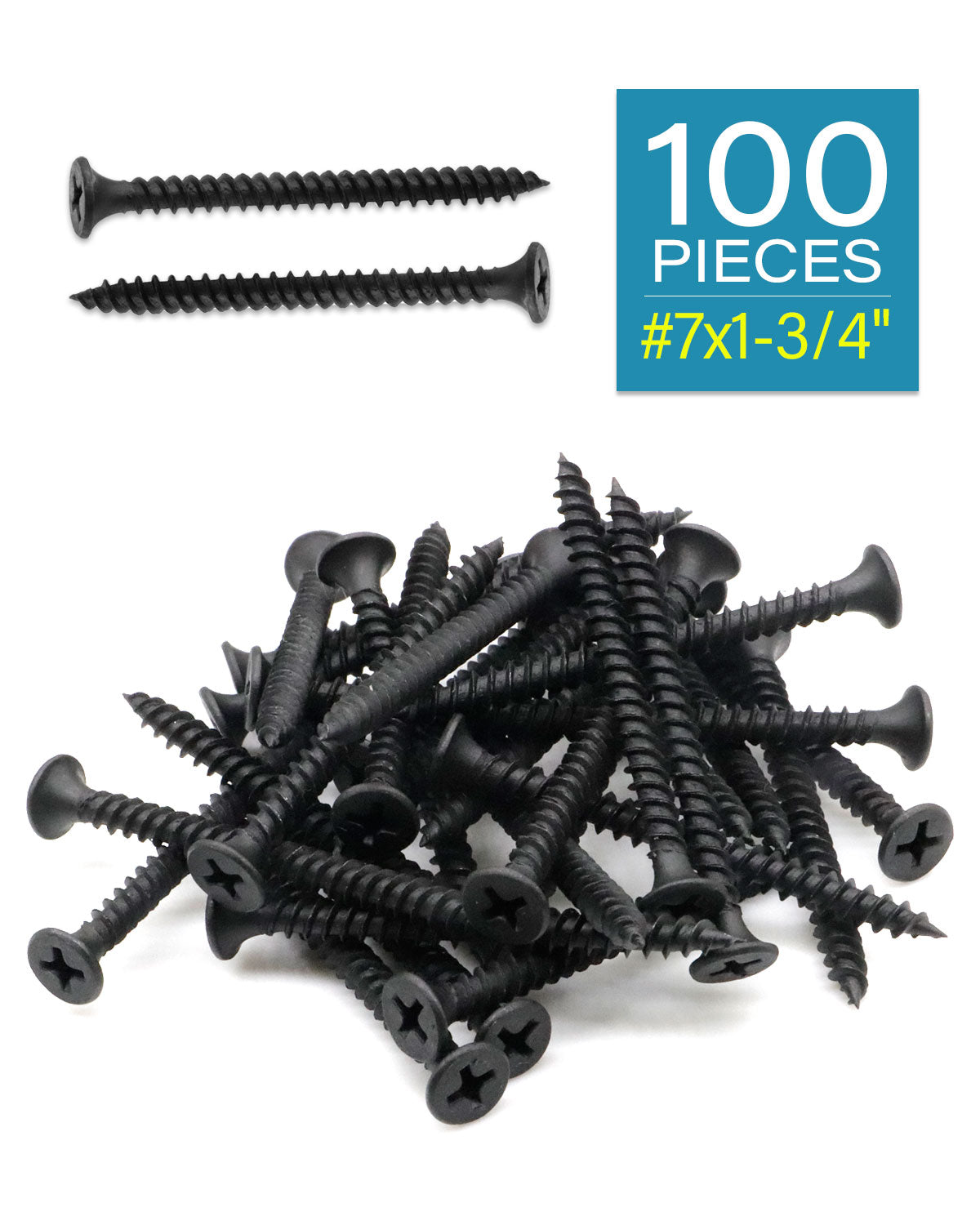 IMScrews 100pcs #7 x 1-3/4" Flat Head Phillips Drywall Screws Fine Thread Sharp Point Wood Screw, Carbon Steel 1022A, Black Phosphate