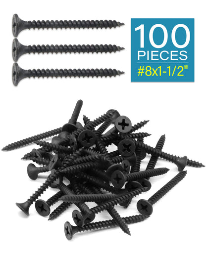 IMScrews 100шт #8x1-1/2" Шурупы для гипсокартона с плоской головкой и крестообразным шлицем. Набор шурупов для дерева с тонкой резьбой и острым концом, углеродистая сталь 1022A, черный фосфат.
