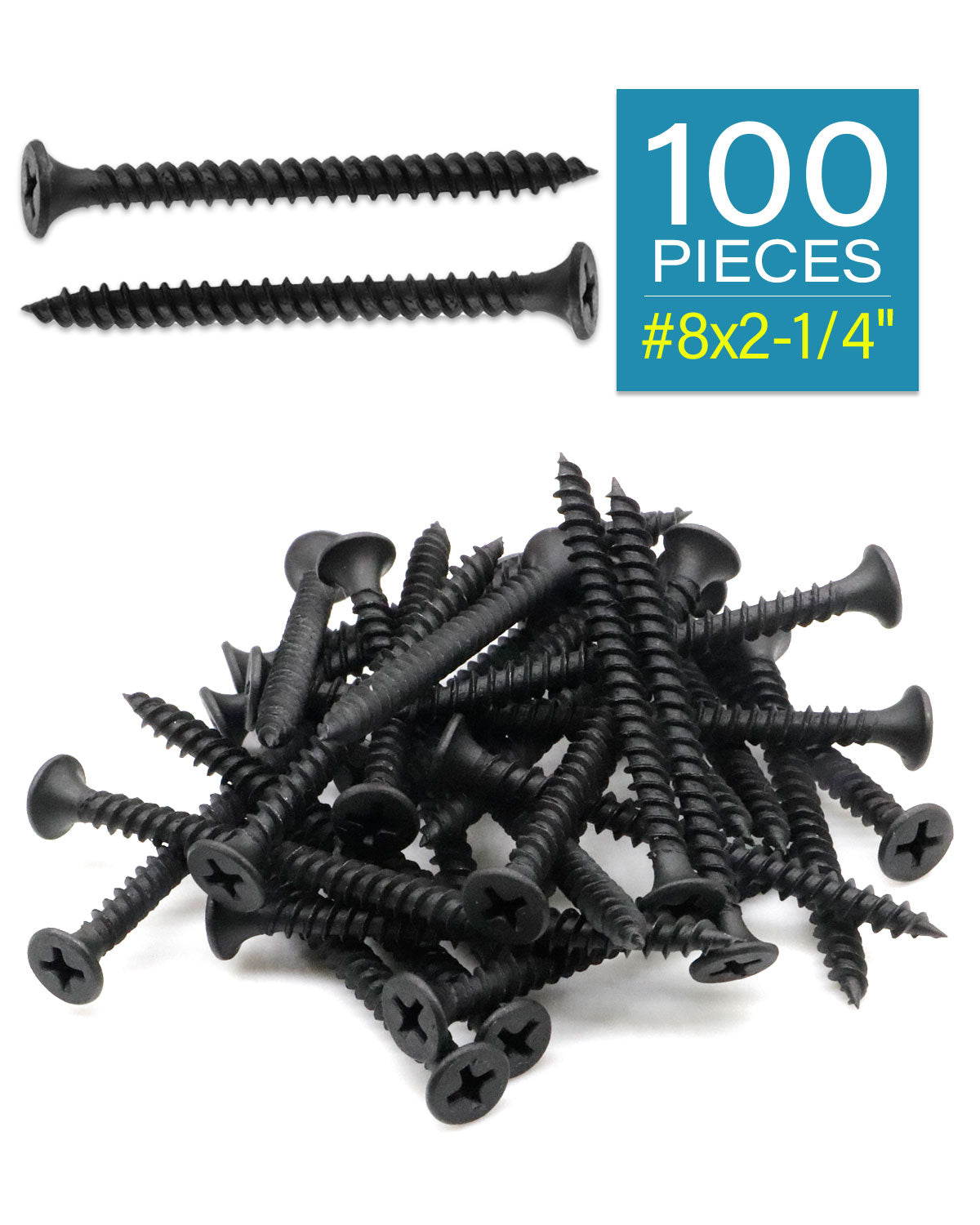 IMScrews 100pcs #8x2-1/4" Flat Head Phillips Drywall Screws Fine Thread Sharp Point Wood Screw Assortment Kit, Carbon Steel 1022A, Black Phosphate