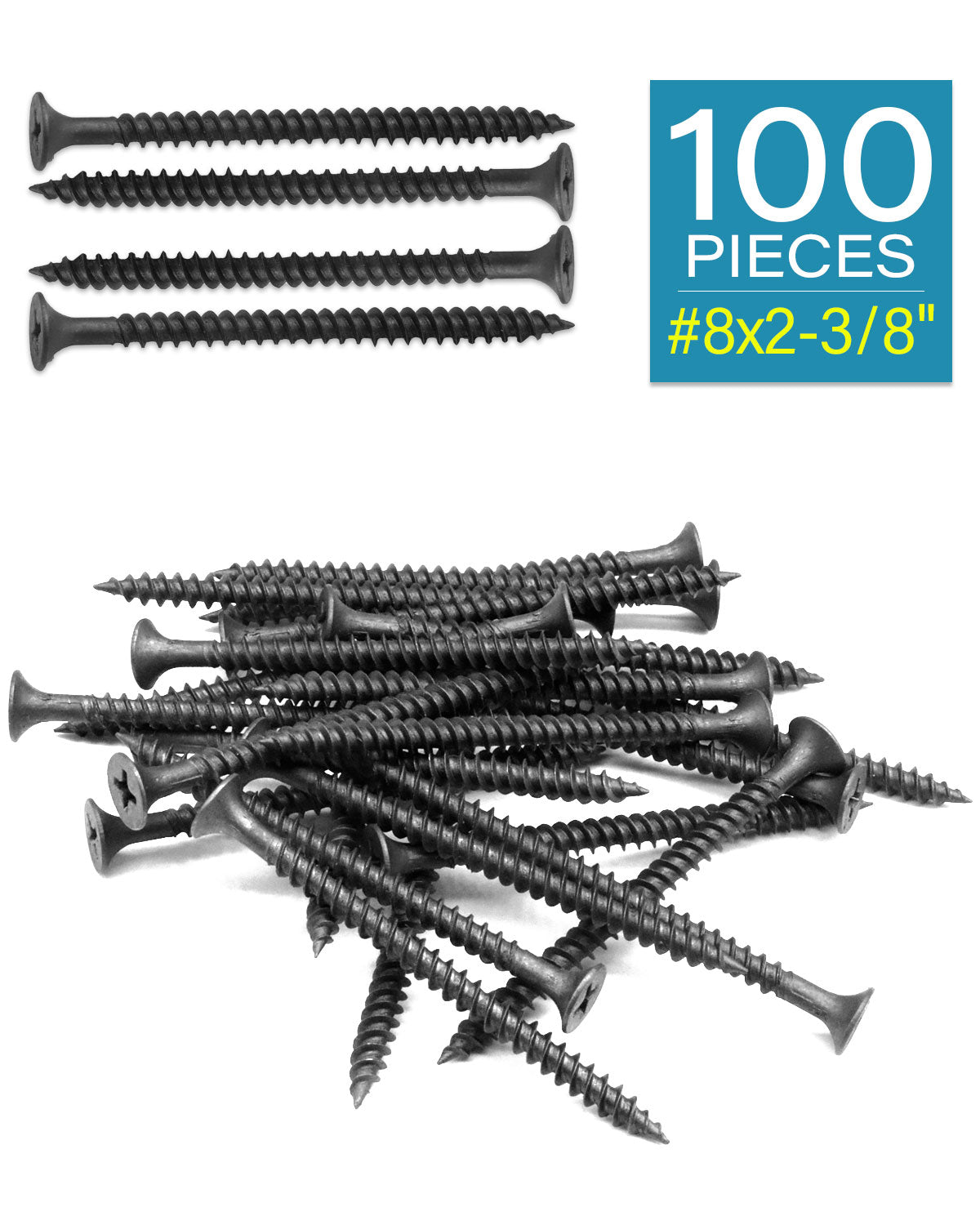 IMScrews 100шт #8x2-3/8" Шурупы для гипсокартона с плоской головкой и крестообразным шлицем. Набор шурупов для дерева с тонкой резьбой и острым концом, углеродистая сталь 1022A, черный фосфат.