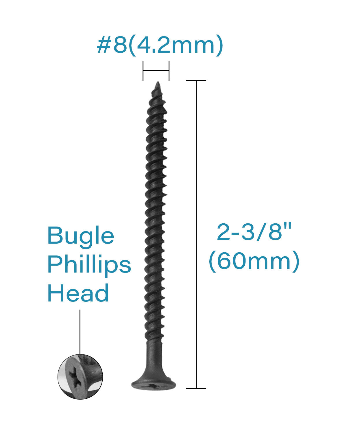 IMScrews 100шт #8x2-3/8" Шурупы для гипсокартона с плоской головкой и крестообразным шлицем. Набор шурупов для дерева с тонкой резьбой и острым концом, углеродистая сталь 1022A, черный фосфат.