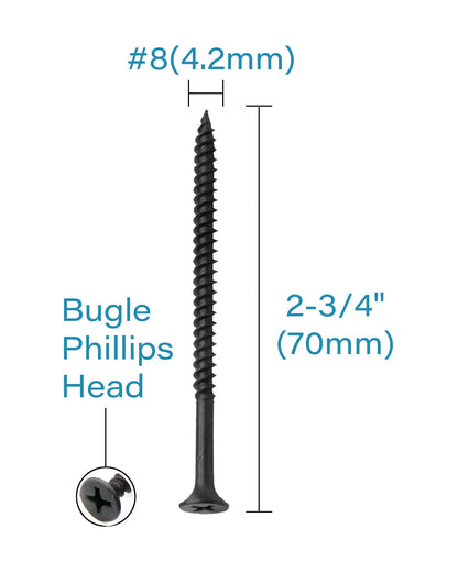 IMScrews 50шт #8x2-3/4" Шурупы для гипсокартона с плоской головкой и крестообразным шлицем. Набор шурупов для дерева с тонкой резьбой и острым концом, углеродистая сталь 1022A, черный фосфат.