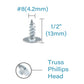 #8 x 1/2" Wood Screws 200pcs Modified Truss Head Self Tapping Screws Zinc Standard Thread for Wood Work MDF