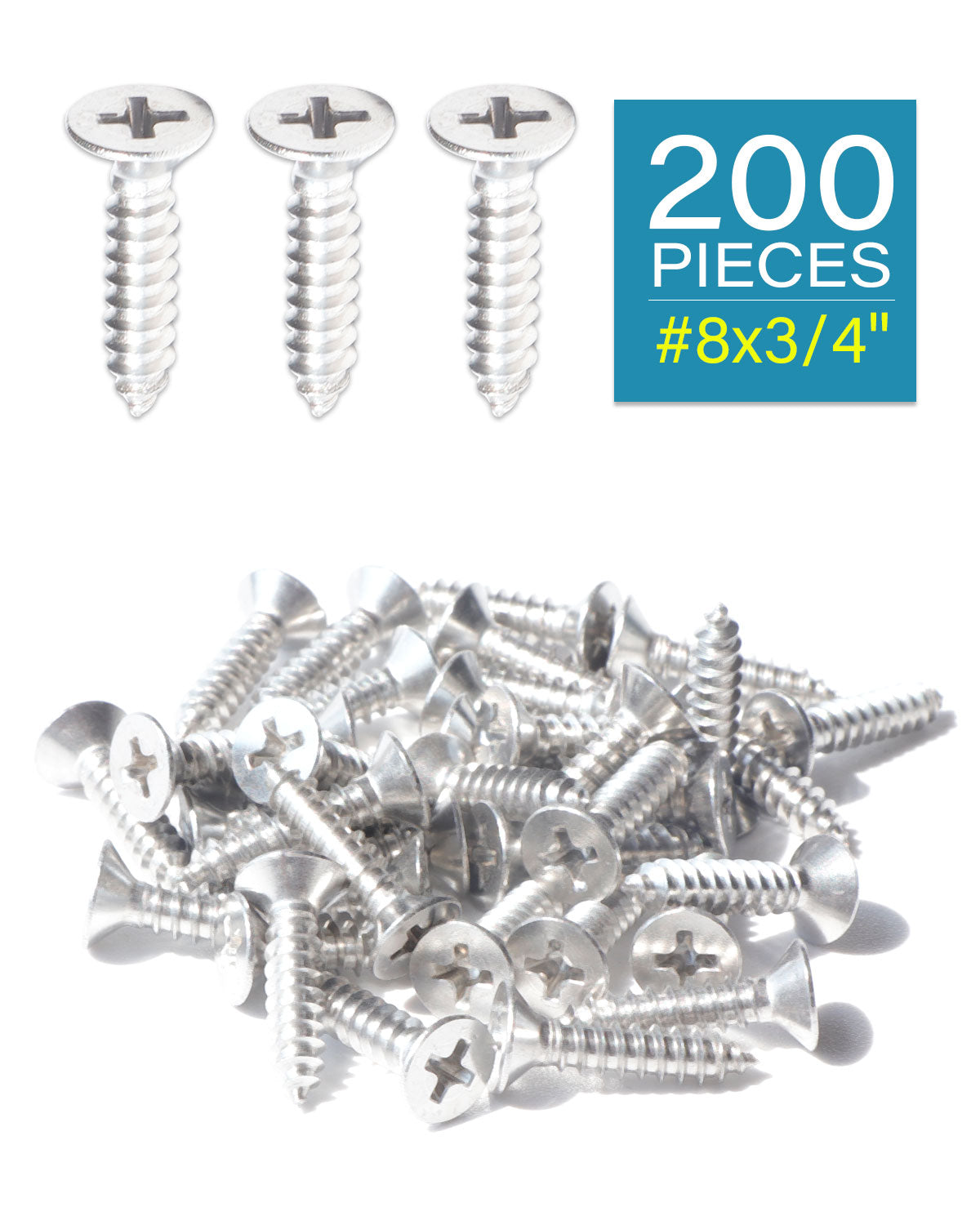 IMScrews 200pcs #8 x 3/4" (19mm) Stainless Flat Head Phillips Wood Screws 18-8 (304) Stainless Steel Countersunk Self Tapping Screws