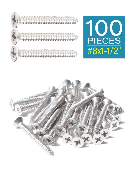 IMScrews 100 шт. #8 x 1-1/2 дюйма (38 мм) шурупы по дереву Phillips с плоской головкой из нержавеющей стали 18-8 (304) саморезы из нержавеющей стали с потайной головкой