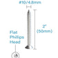 IMScrews 50pcs #10 x 2" (50mm) Stainless Flat Head Phillips Wood Screws 18-8 (304) Stainless Steel Countersunk Self Tapping Screws