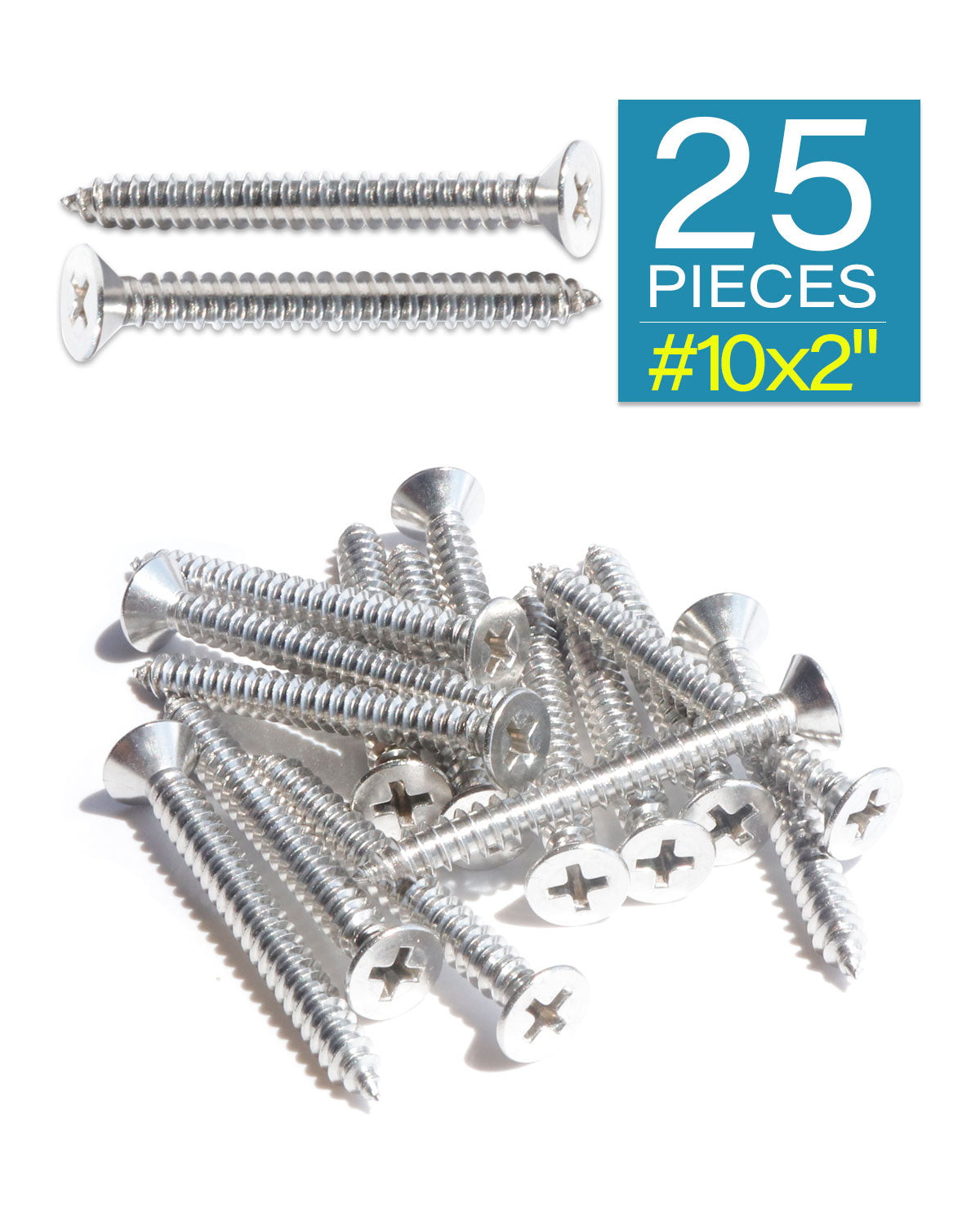 25pcs #10 x 2" (50mm) Stainless Flat Head Phillips Wood Screws 18-8 (304) Stainless Steel Countersunk Self Tapping Screws
