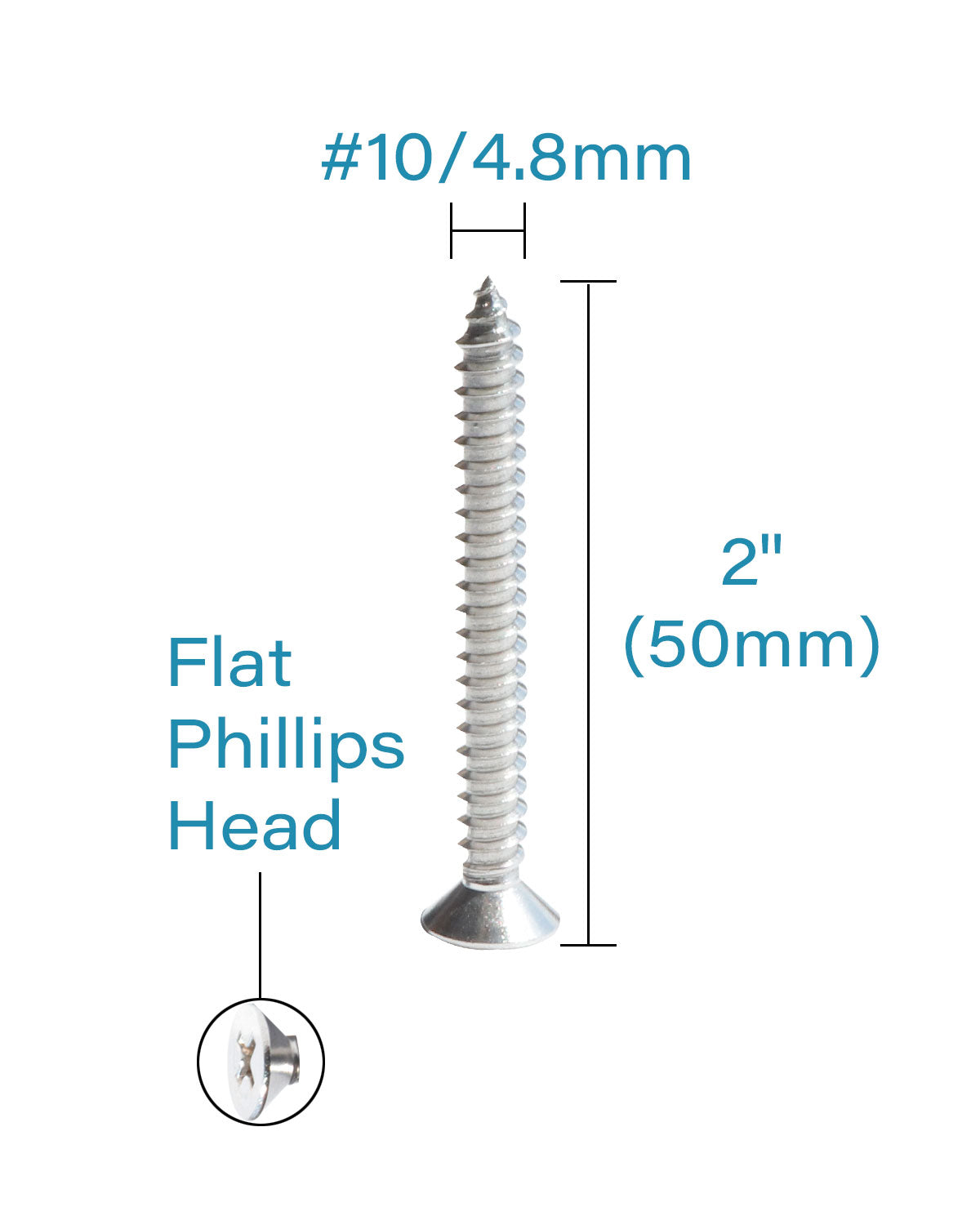 25pcs #10 x 2" (50mm) Stainless Flat Head Phillips Wood Screws 18-8 (304) Stainless Steel Countersunk Self Tapping Screws