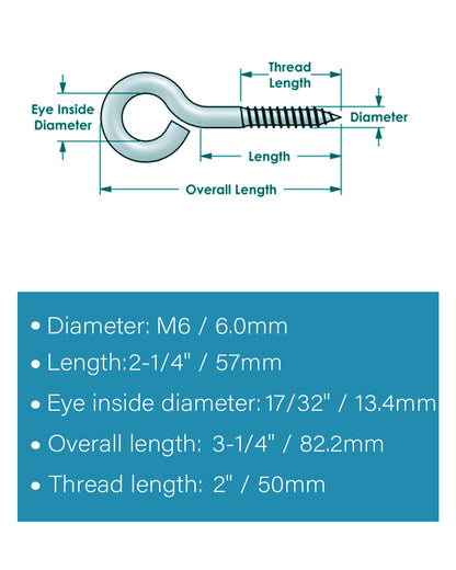 IMScrews 10pcs M6 x 3-1/4 Inch Screw Eyes Small Eyelet Screws Lag Eyebolt 18-8(304) Stainless Steel Heavy Duty Hook
