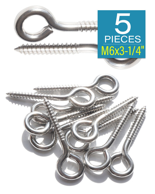IMScrews 5pcs M6 x 3-1/4 Inch Screw Eyes Small Eyelet Screws Lag Eyebolt 18-8(304) Stainless Steel Heavy Duty Hook