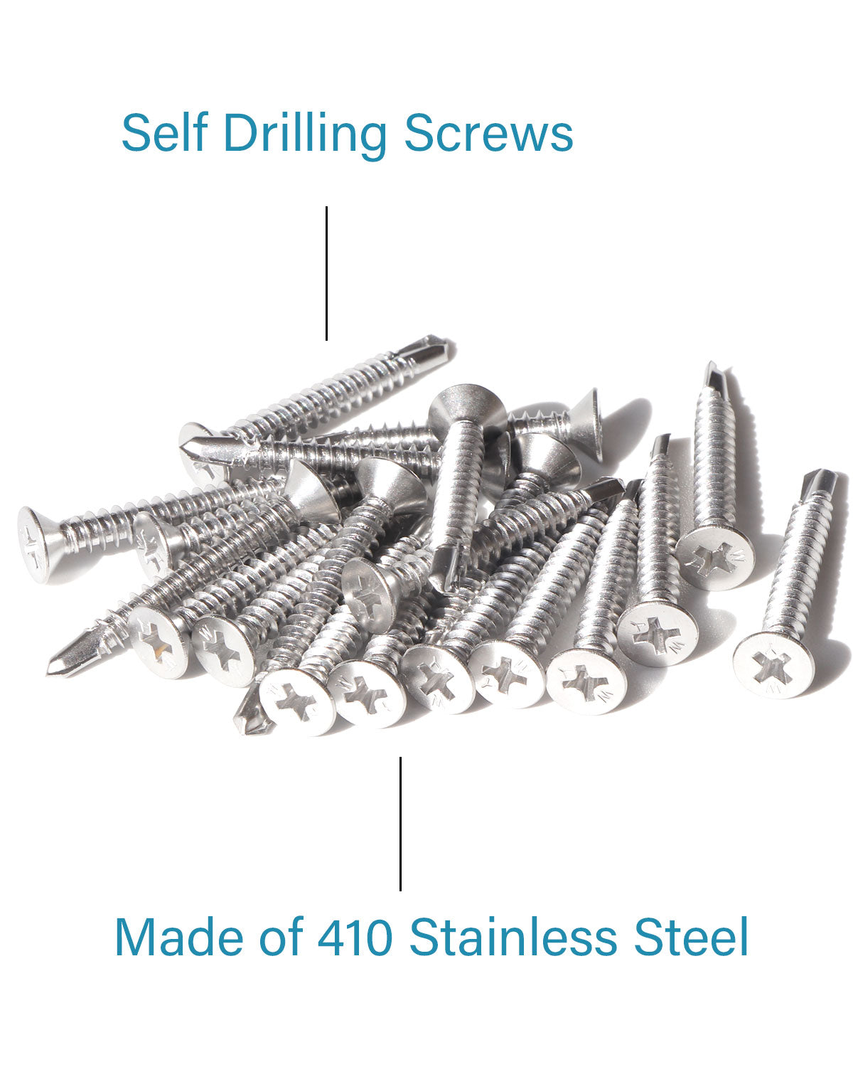 IMScrews 50pcs #8 x 1-1/2" Stainless Flat Head Phillips Self Drilling Screws, 410 Stainless Steel Full Thread Sheet Metal Tek Wood to Metal Screws