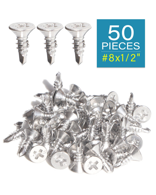 IMScrews 50pcs #8 x 1/2" Stainless Flat Head Phillips Self Drilling Screws, 410 Stainless Steel Full Thread Sheet Metal Tek Wood to Metal Screws