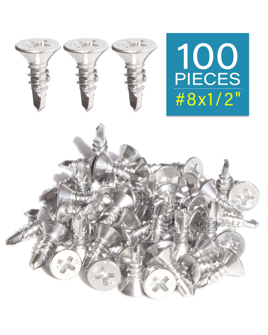 IMScrews 100pcs #8 x 1/2" Stainless Flat Head Phillips Self Drilling Screws, 410 Stainless Steel Full Thread Sheet Metal Tek Wood to Metal Screws