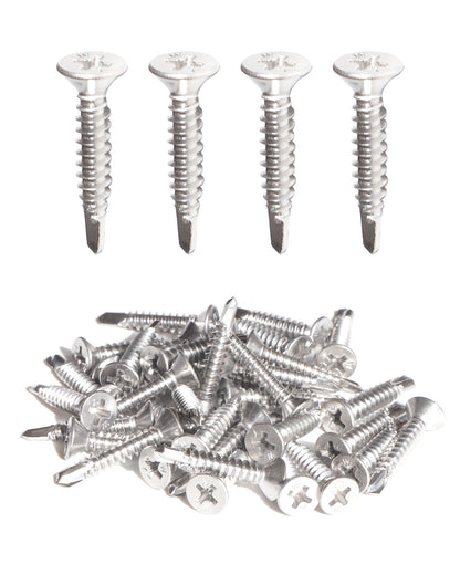 IMScrews 50pcs #8 x 1" Stainless Flat Head Phillips Self Drilling Screws, 410 Stainless Steel Full Thread Sheet Metal Tek Wood to Metal Screws