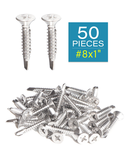 IMScrews 50pcs #8 x 1" Stainless Flat Head Phillips Self Drilling Screws, 410 Stainless Steel Full Thread Sheet Metal Tek Wood to Metal Screws