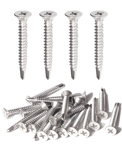 IMScrews 25 шт. # 14 x 1-1/2 дюйма самосверлящие винты Phillips с плоской головкой из нержавеющей стали, винты из нержавеющей стали 410 с полной резьбой для листового металла Tek Wood to Metal