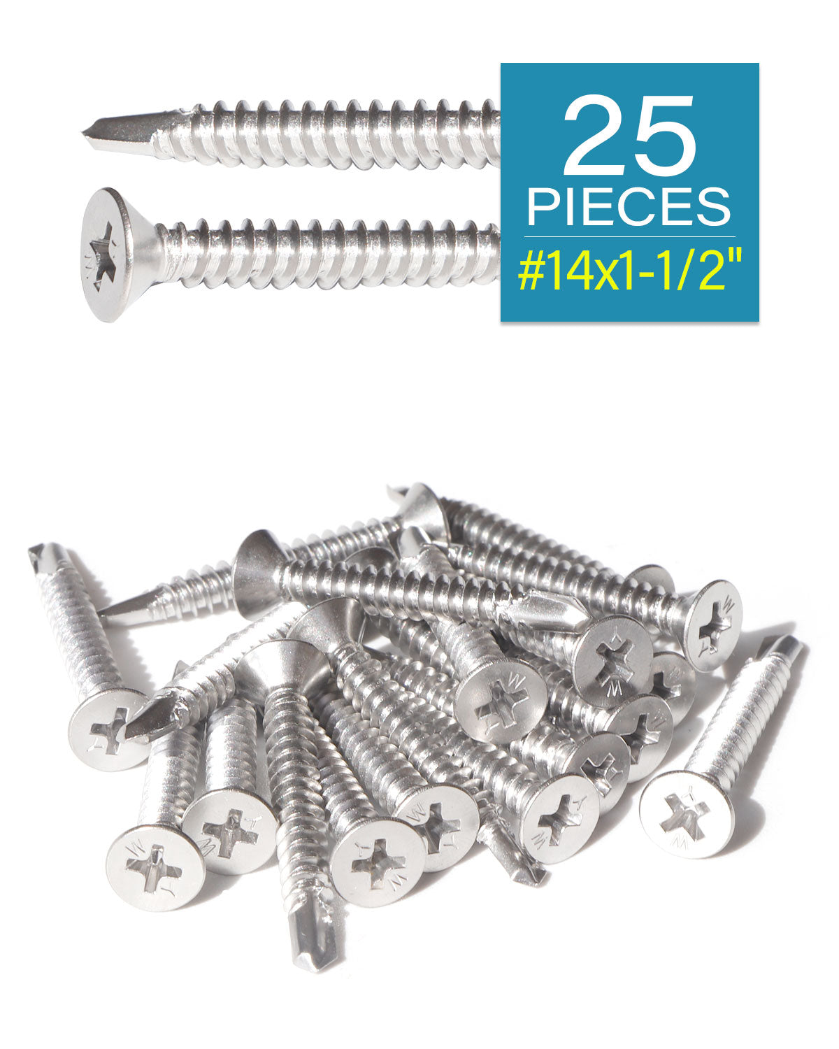 IMScrews 25 шт. # 14 x 1-1/2 дюйма самосверлящие винты Phillips с плоской головкой из нержавеющей стали, винты из нержавеющей стали 410 с полной резьбой для листового металла Tek Wood to Metal