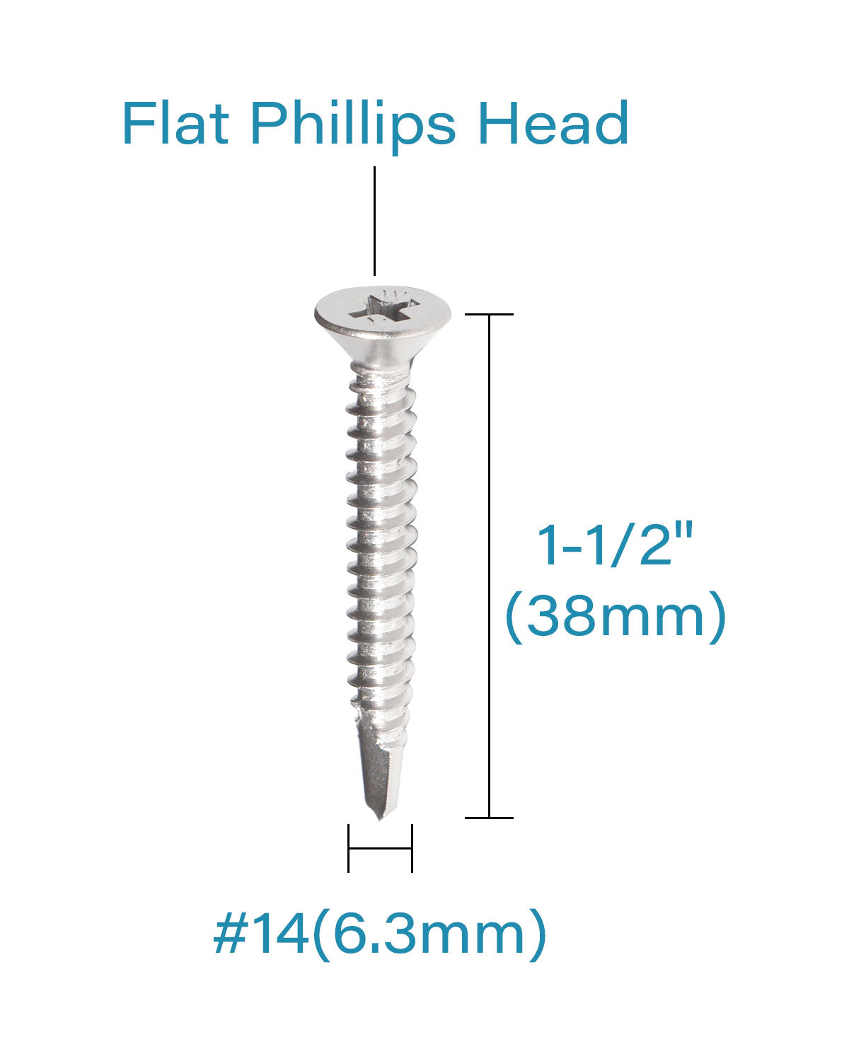 IMScrews 25 шт. # 14 x 1-1/2 дюйма самосверлящие винты Phillips с плоской головкой из нержавеющей стали, винты из нержавеющей стали 410 с полной резьбой для листового металла Tek Wood to Metal