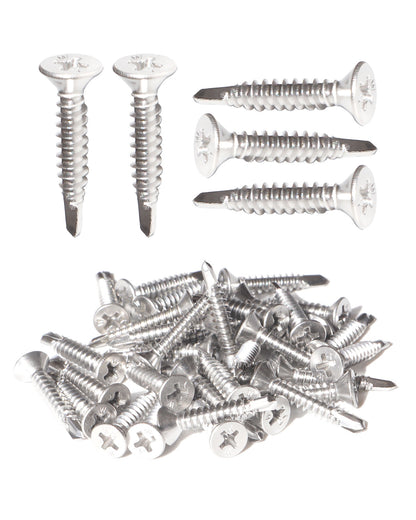 #14 x 1" Self Tapping Sheet Metal Screws 50pcs, Flat Head Phillips Stainless Steel 410 Self Drilling Screws Full Thread Teks Screws for Wood to Metal Stud by IMSCREWS
