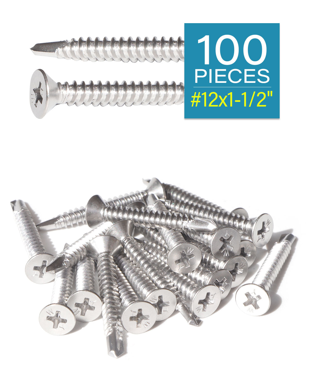 IMScrews 100pcs #12 x 1-1/2" Stainless Flat Head Phillips Self Drilling Screws, 410 Stainless Steel Full Thread Sheet Metal Tek Wood to Metal Screws