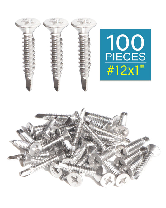 IMScrews 100pcs #12 x 1" Stainless Flat Head Phillips Self Drilling Screws, 410 Stainless Steel Full Thread Sheet Metal Tek Wood to Metal Screws