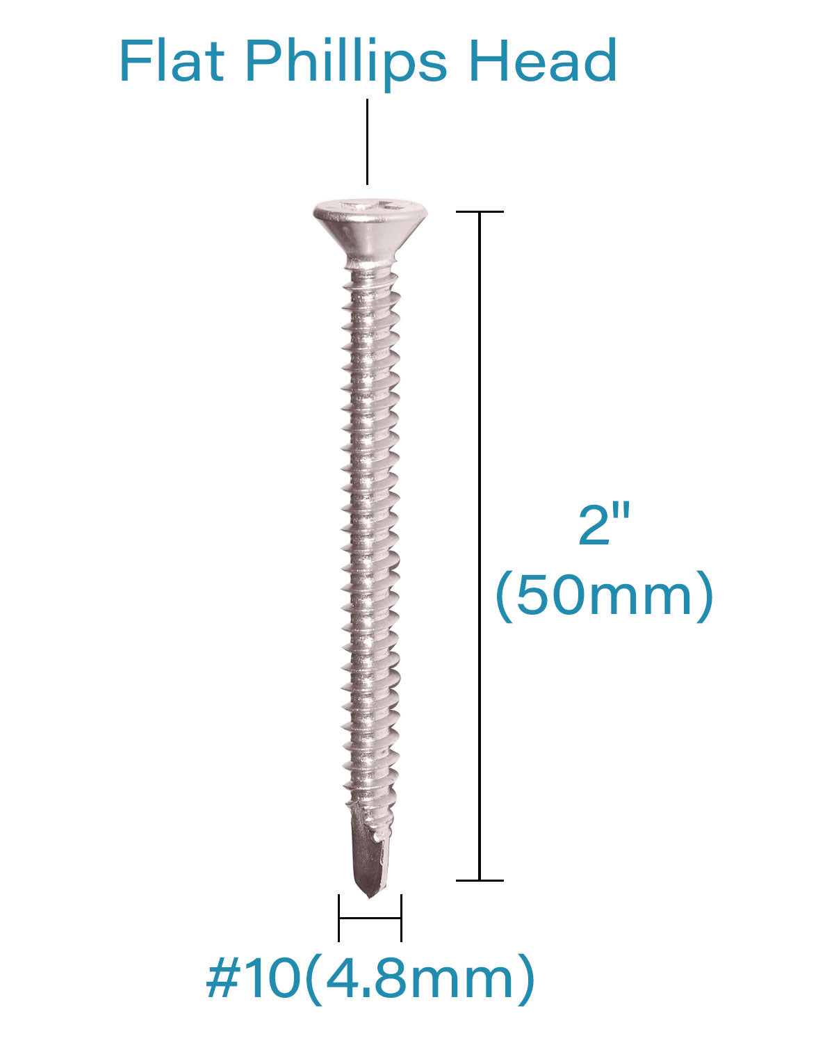 IMScrews 100pcs #10 x 2" Stainless Flat Head Phillips Self Drilling Screws, 410 Stainless Steel Full Thread Sheet Metal Tek Wood to Metal Screws