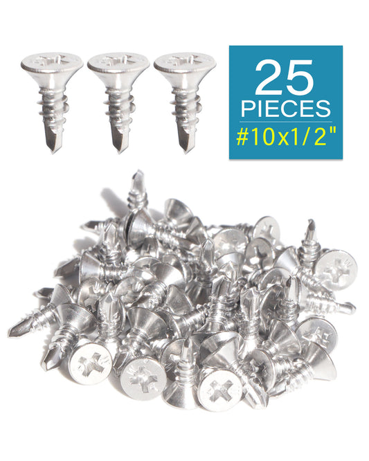 IMScrews 25pcs #10 x 1/2" Stainless Flat Head Phillips Self Drilling Screws, 410 Stainless Steel Full Thread Sheet Metal Tek Wood to Metal Screws