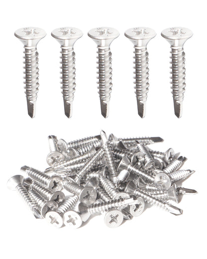 IMScrews 25 шт. # 10 x 1 дюйм. Самосверлящие винты Phillips с плоской головкой из нержавеющей стали, винты из нержавеющей стали 410 с полной резьбой для листового металла Tek, винты по дереву и металлу.