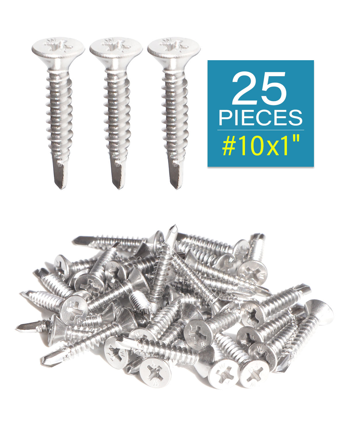 IMScrews 25 шт. # 10 x 1 дюйм. Самосверлящие винты Phillips с плоской головкой из нержавеющей стали, винты из нержавеющей стали 410 с полной резьбой для листового металла Tek, винты по дереву и металлу.