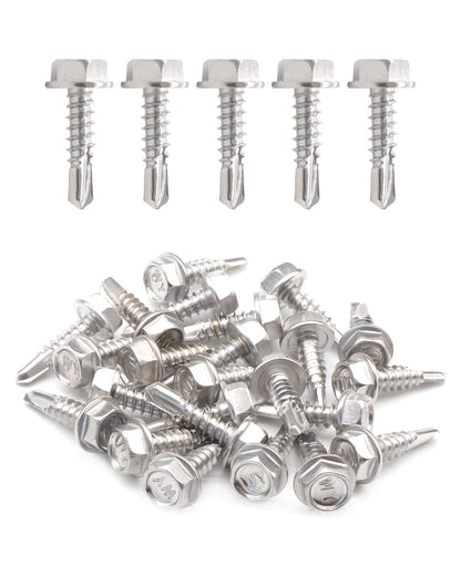 #8 x 3/4" Stainless Hex Washer Head Self Drilling Screws (25pcs), Stainless Steel 410 Fully Threaded Sheet Metal Flanged Hex Screw | by IMSCREWS