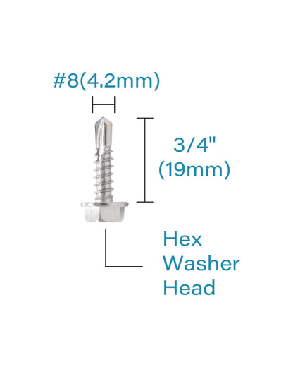 #8 x 3/4" Stainless Hex Washer Head Self Drilling Screws (25pcs), Stainless Steel 410 Fully Threaded Sheet Metal Flanged Hex Screw | by IMSCREWS