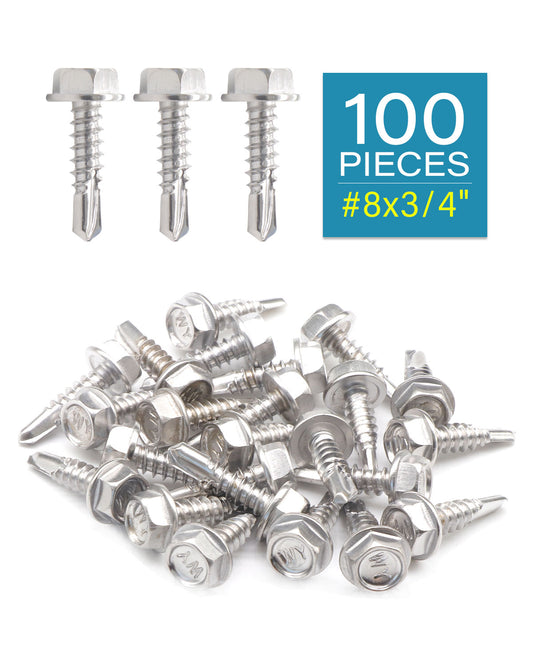 IMScrews 100pcs #8 x 3/4" Stainless Hex Washer Head Self Drilling Screws, 410 Stainless Steel Full Thread Sheet Metal Tek Screws