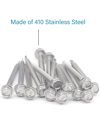 IMScrews 25 шт. # 8 x 2 дюйма, самосверлящие винты с шестигранной головкой и шайбой из нержавеющей стали, винты из нержавеющей стали 410 с полной резьбой для листового металла Tek