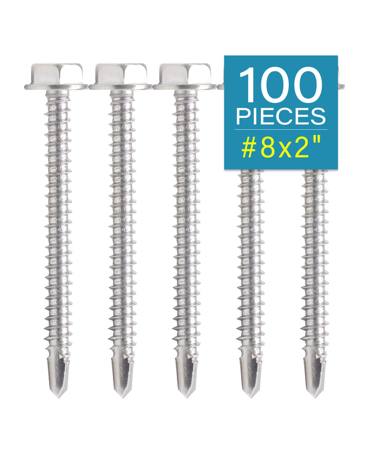 IMScrews 100pcs #8 x 2" Stainless Hex Washer Head Self Drilling Screws, 410 Stainless Steel Full Thread Sheet Metal Tek Screws