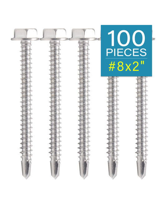 IMScrews 100pcs #8 x 2" Stainless Hex Washer Head Self Drilling Screws, 410 Stainless Steel Full Thread Sheet Metal Tek Screws