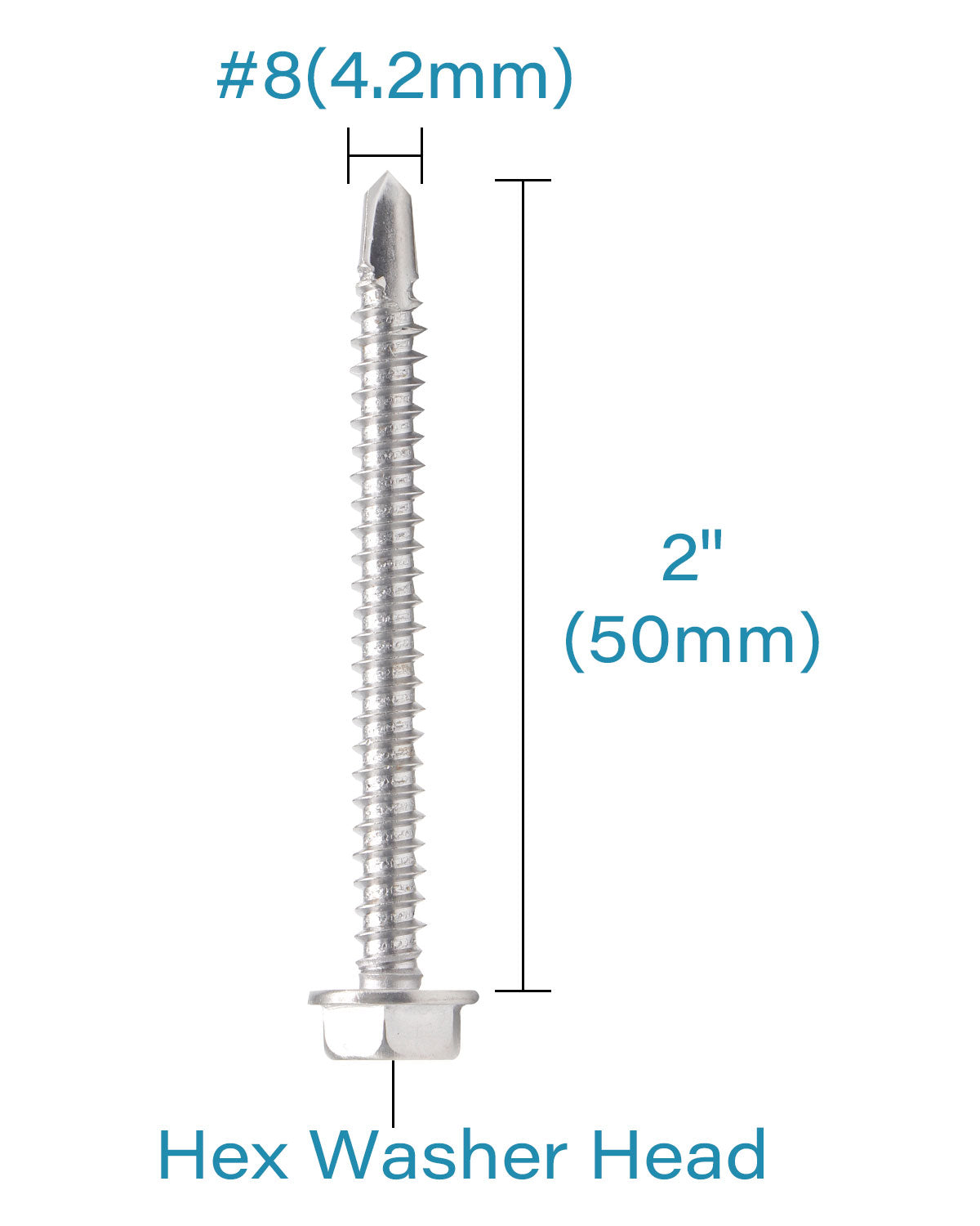 IMScrews 100pcs #8 x 2" Stainless Hex Washer Head Self Drilling Screws, 410 Stainless Steel Full Thread Sheet Metal Tek Screws