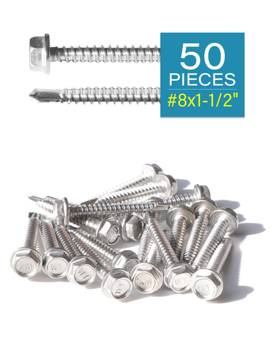 IMScrews 50pcs #8 x 1-1/2" Stainless Hex Washer Head Self Drilling Screws, 410 Stainless Steel Full Thread Sheet Metal Tek Screws