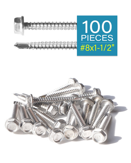 #8 x 1-1/2" Flanged Hex Washer Head Self Drilling Screws (100pcs), Stainless Steel 410 Fully Threaded Sheet Metal Tek Screw | by IMSCREWS